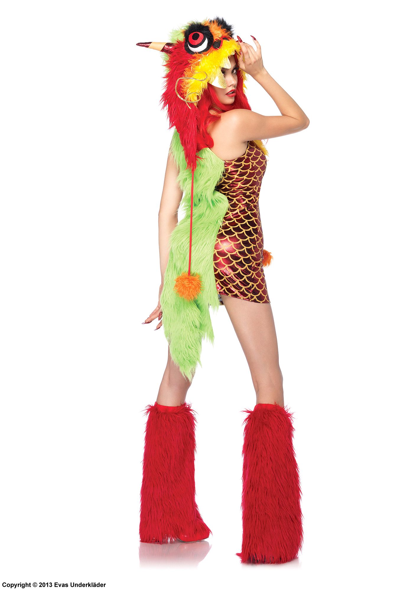 Female Chinese dragon, costume dress, faux fur, fish scales
